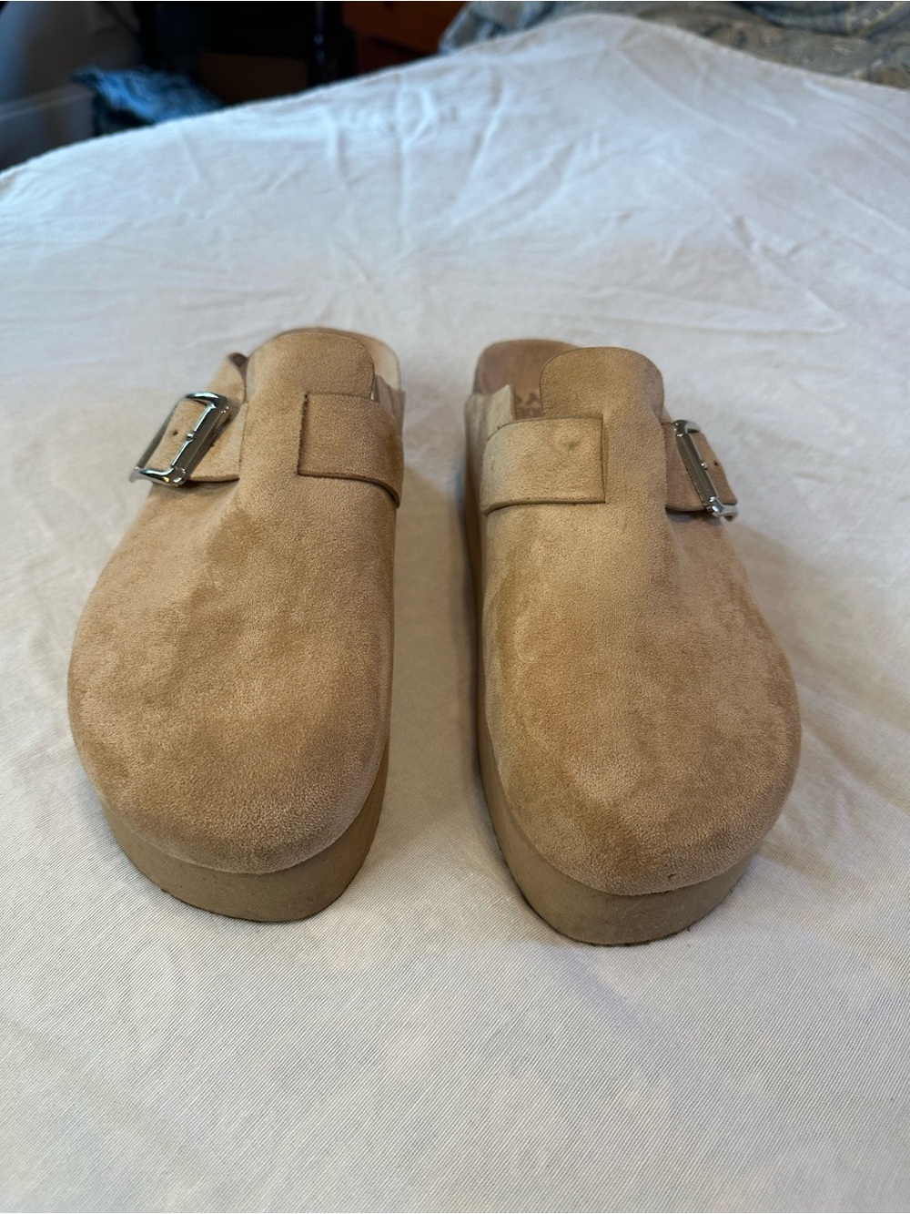 Steve Madden Tan Suede Platform Clog Mule with Silver Buckle